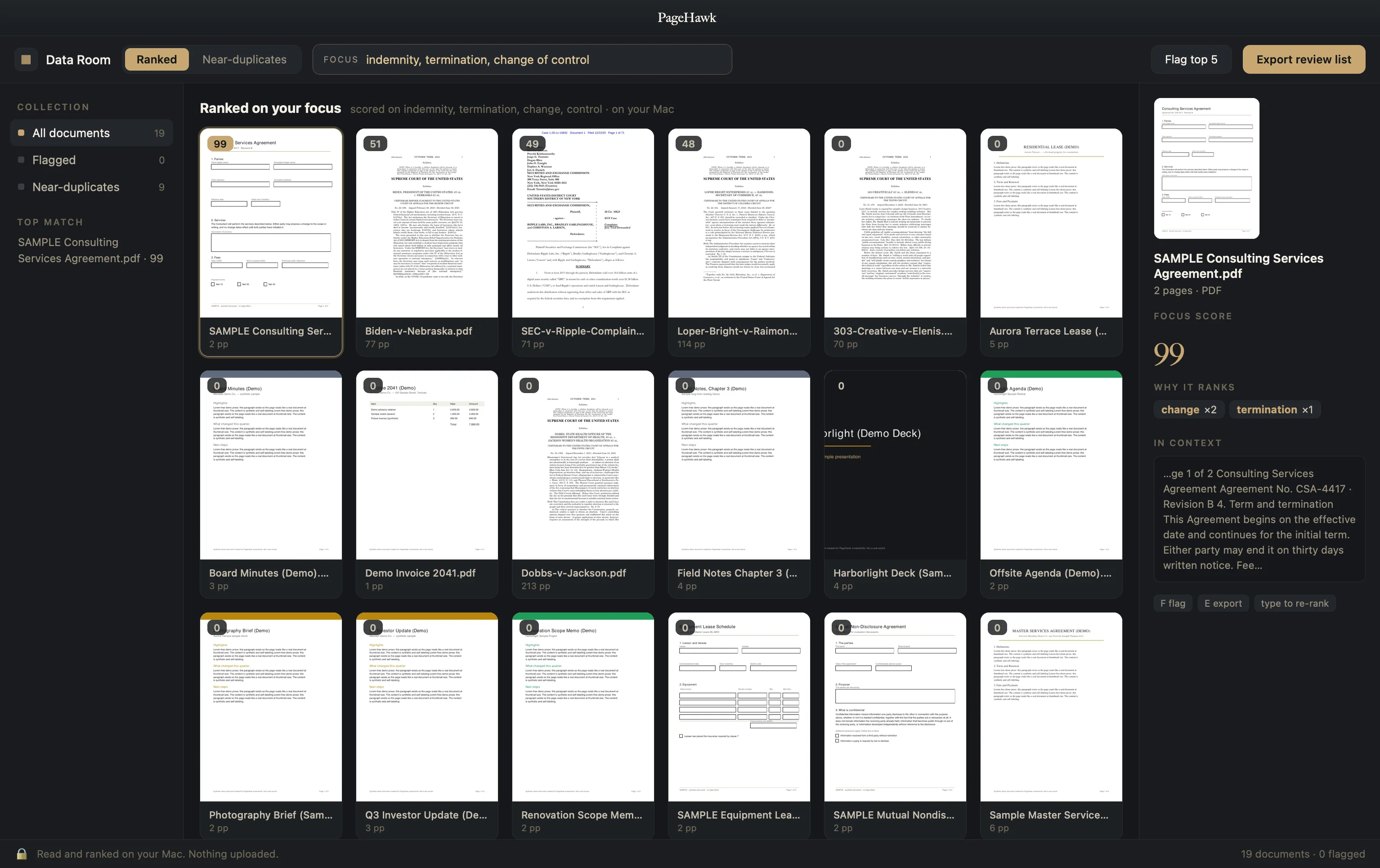 PageHawk in dark mode, ranking a data room of real court records and sample agreements: every document scored on the focus query, the top match explained in the side panel.