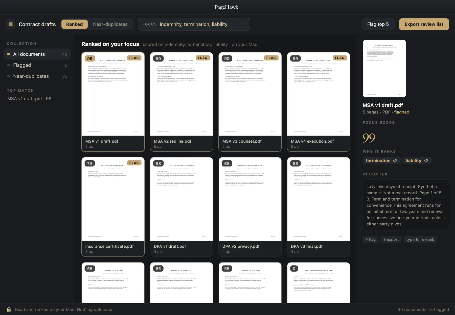 PageHawk in dark mode, five documents flagged as keepers across a folder of forty drafts, with the Export review list button ready.