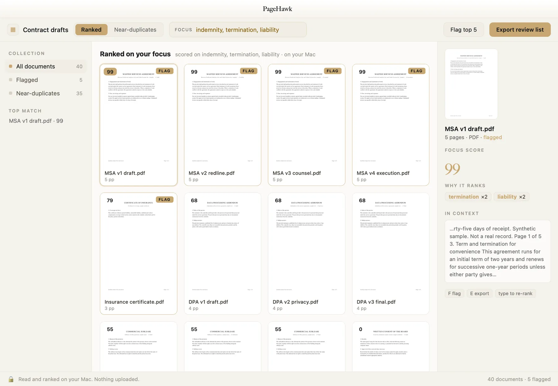 Five documents flagged as keepers across a folder of forty drafts, with the Export review list button ready.