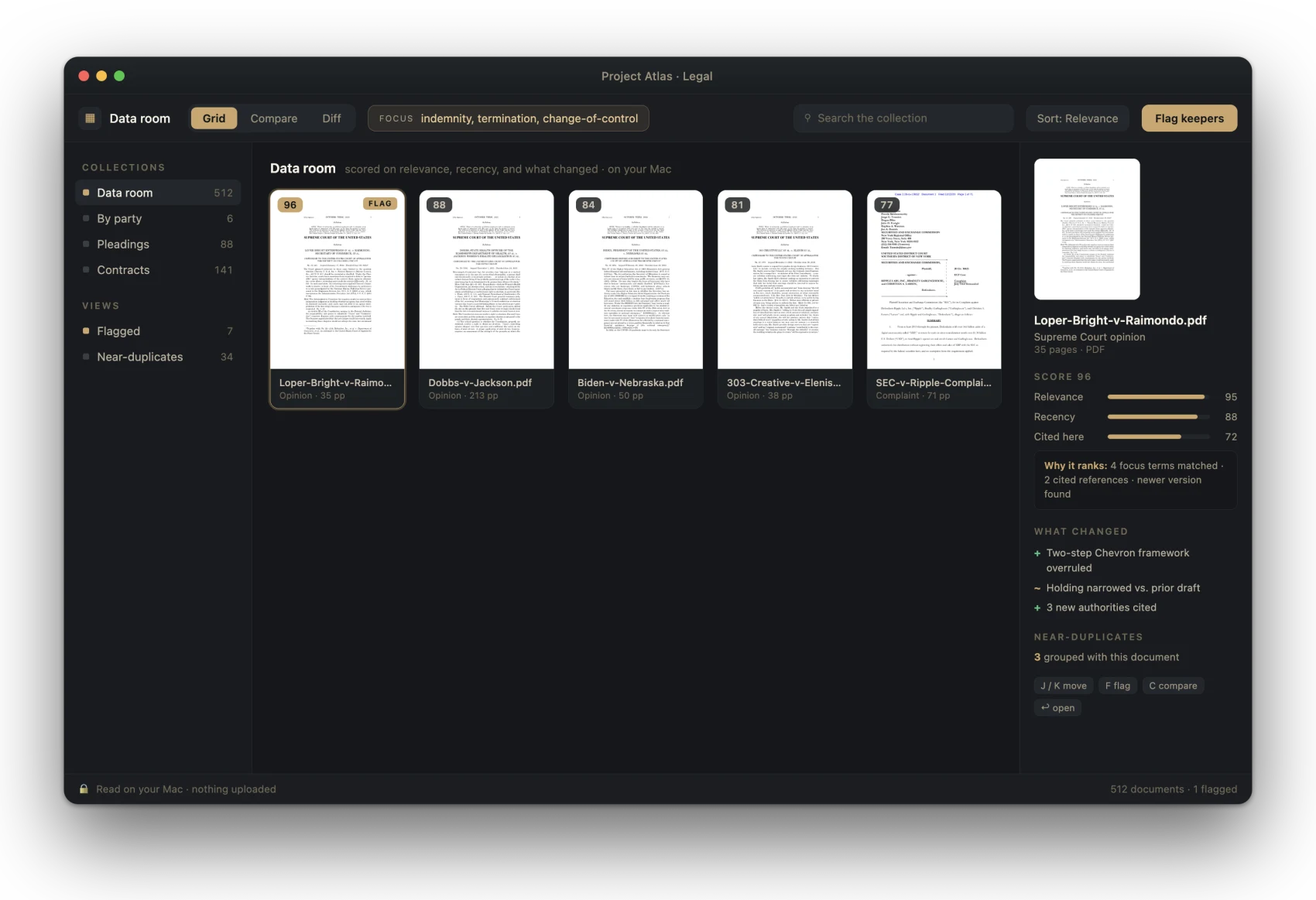 The PageHawk window on a 512-document legal data room: every file scored on relevance and recency, the keeper flagged, and a panel showing what changed.