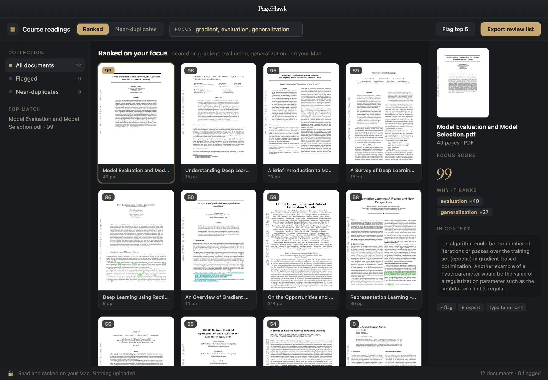 PageHawk showing a semester of course readings in dark mode, twelve documents scored on gradient, evaluation and generalization.