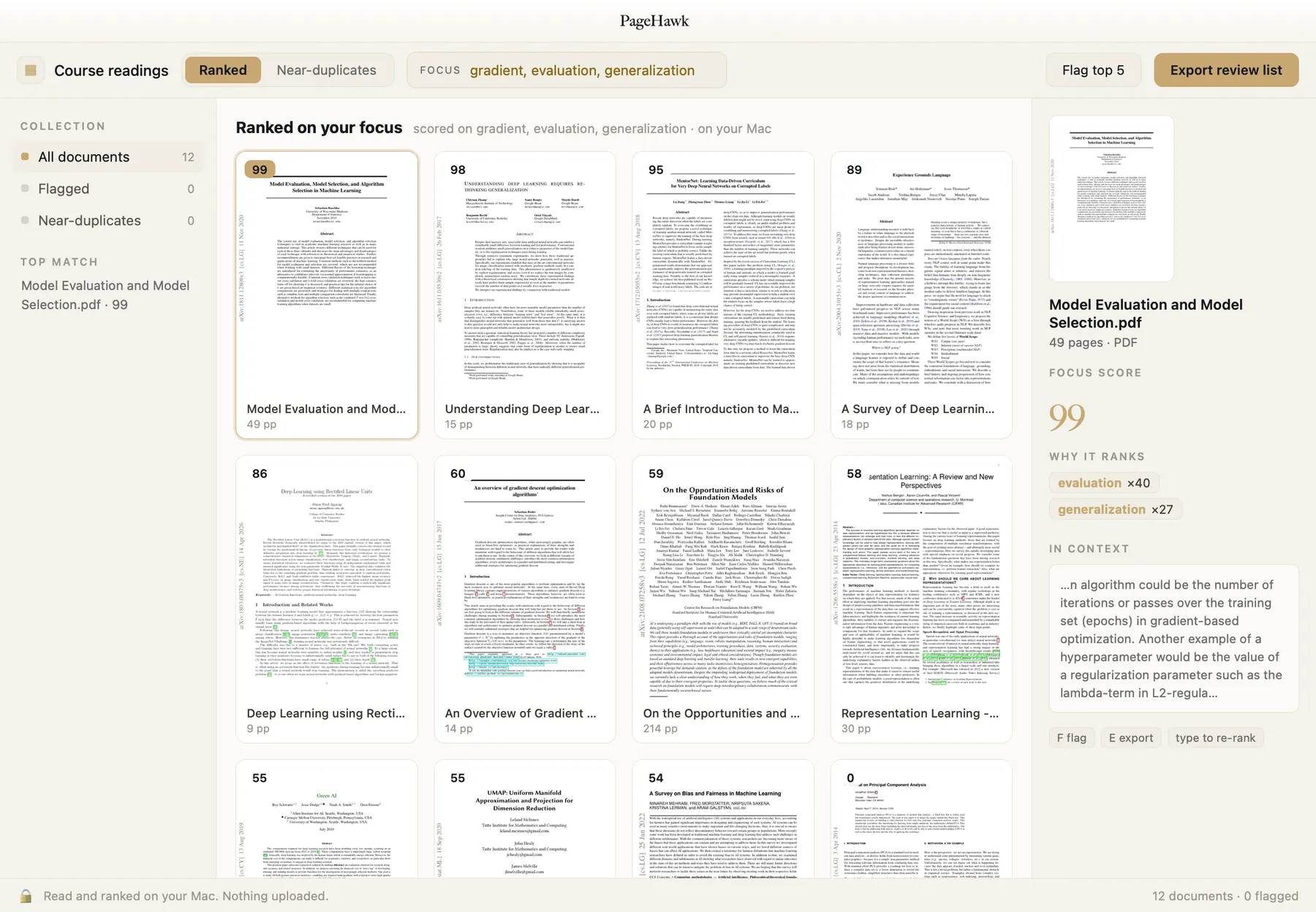 PageHawk ranking a semester of twelve course readings on gradient, evaluation and generalization.